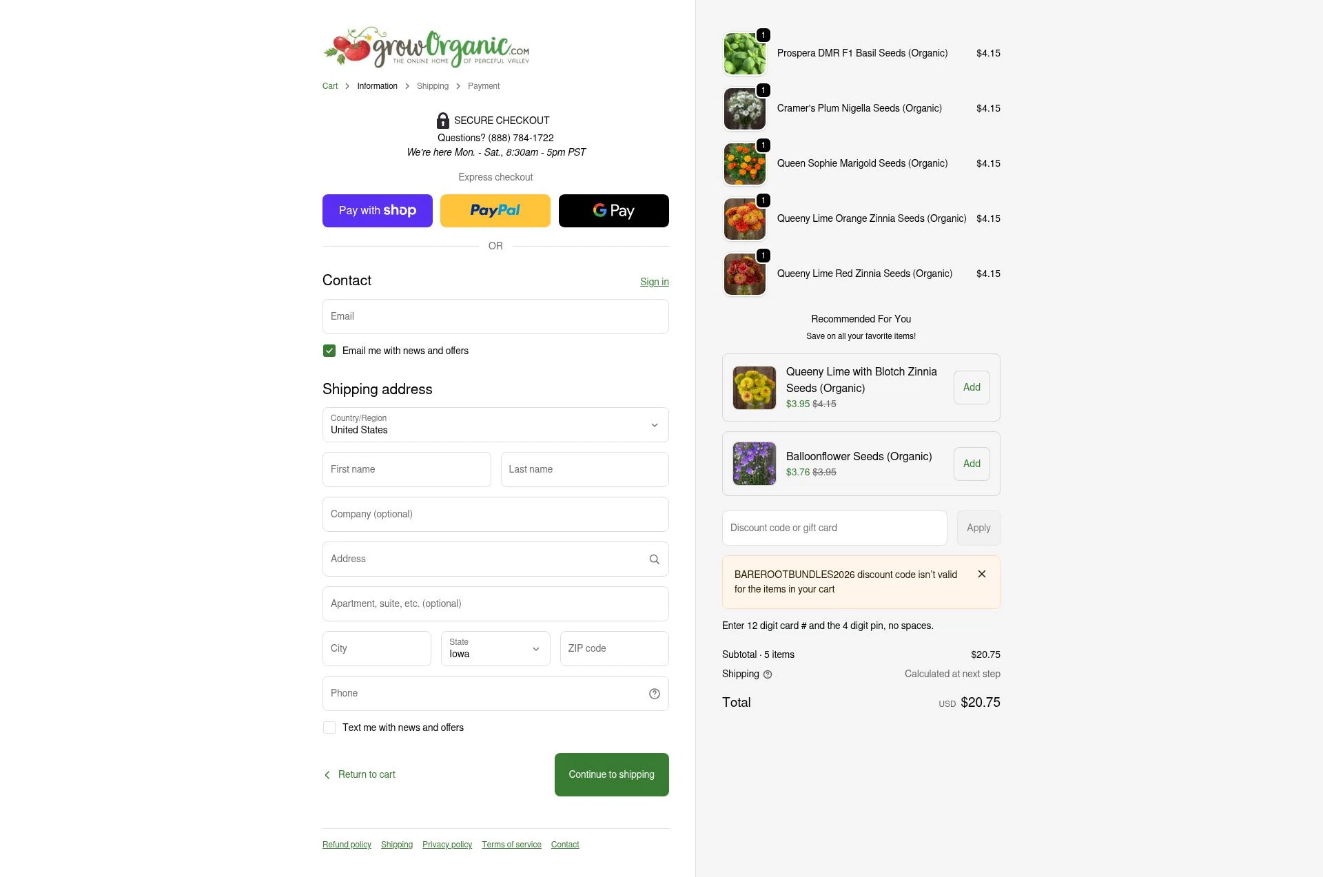 Grow Organic checkout page showing Grow Organic promo code box | Screenshot taken by SimplyCodes community member on Jan 12, 2026