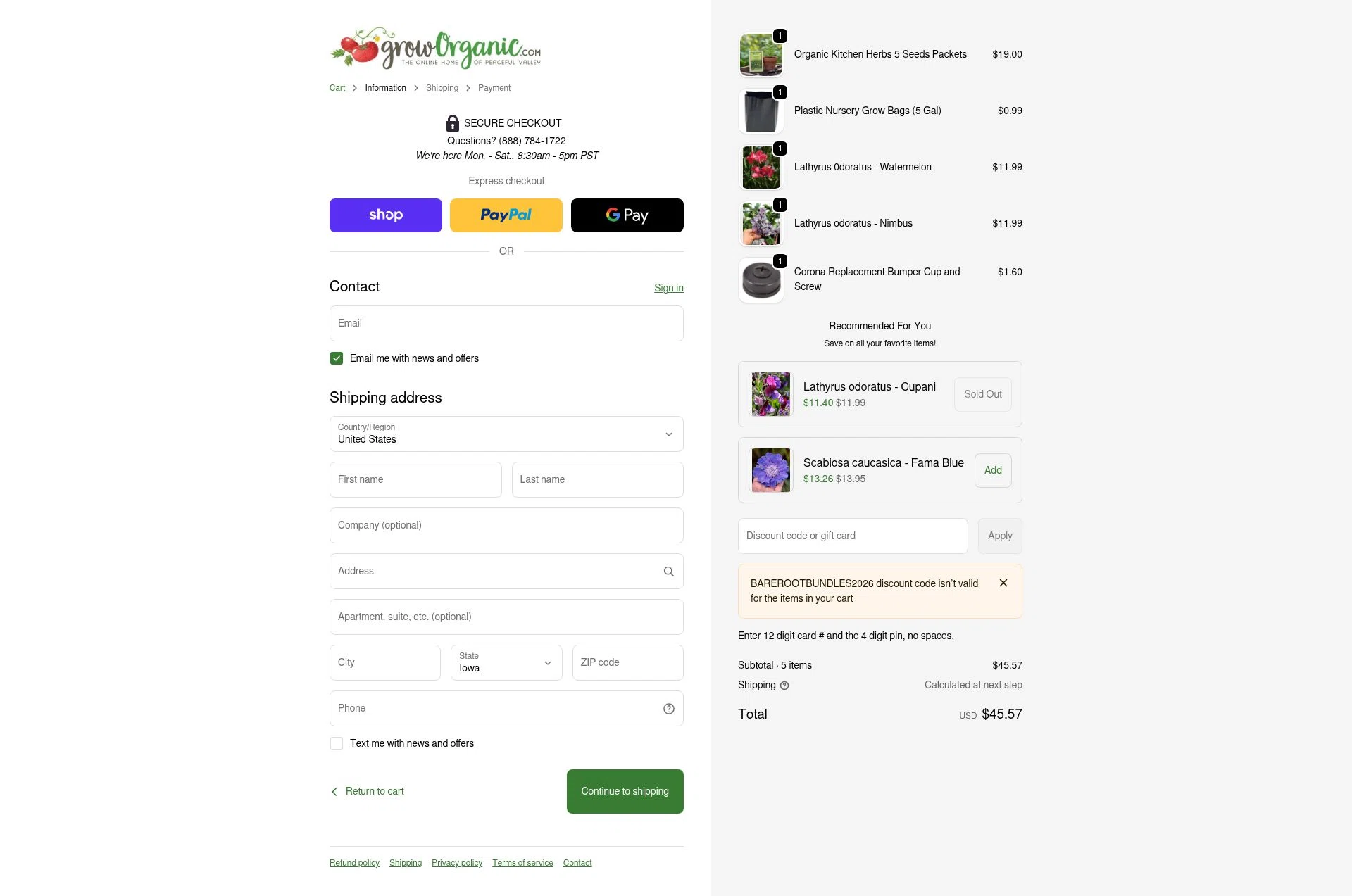Grow Organic checkout page showing Grow Organic promo code box | Screenshot taken by SimplyCodes community member on Jan 22, 2026