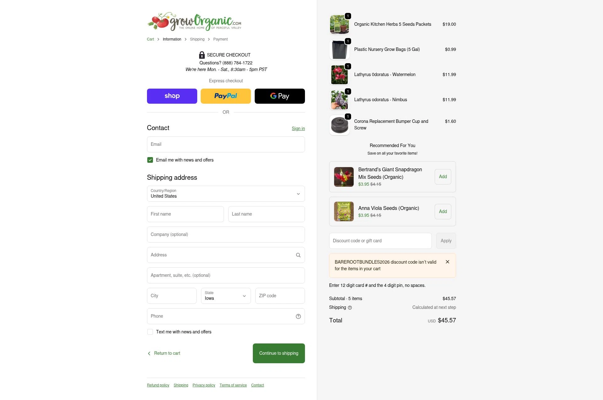 Grow Organic checkout page showing Grow Organic promo code box | Screenshot taken by SimplyCodes community member on Jan 17, 2026