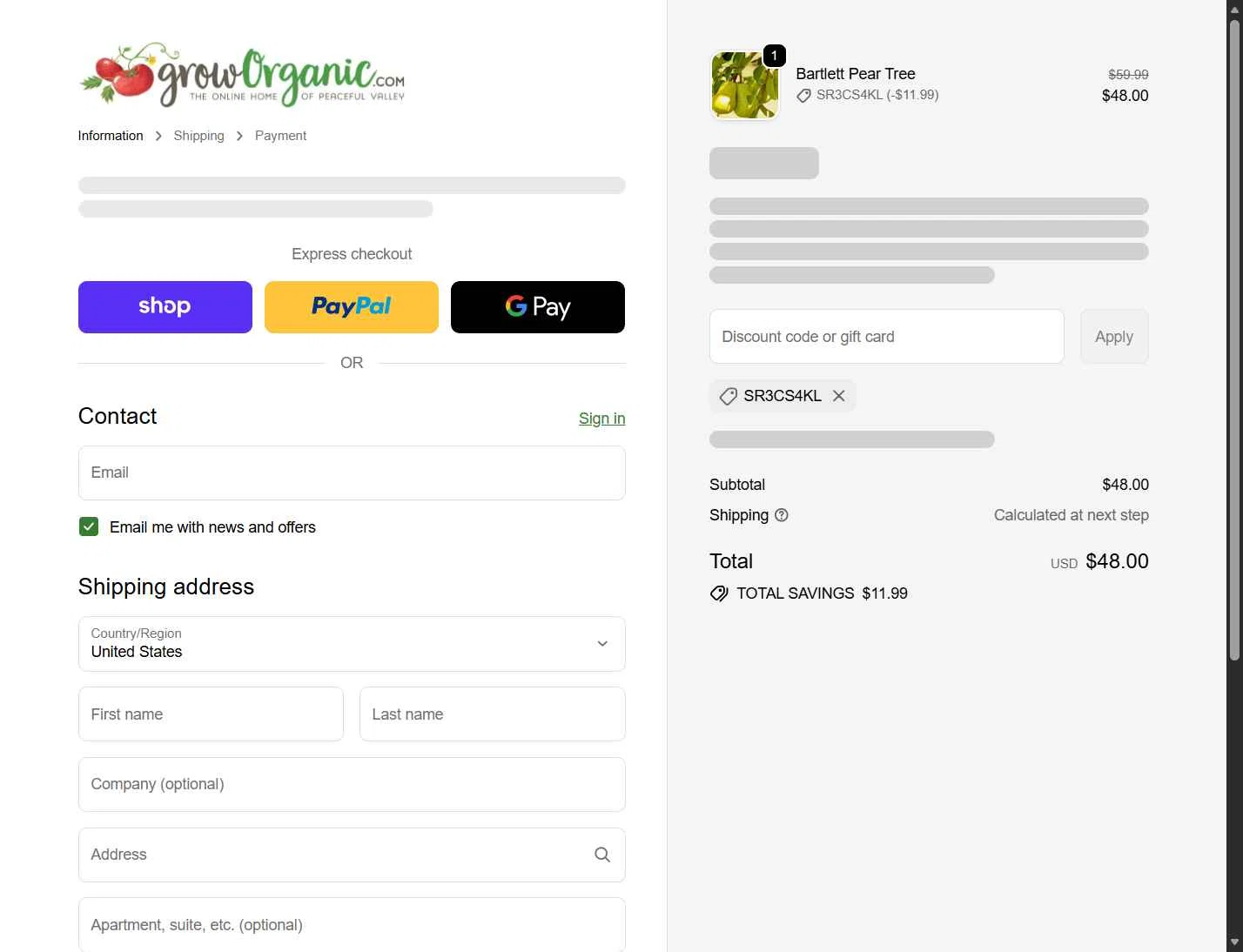 Grow Organic checkout page showing Grow Organic promo code box | Screenshot taken by SimplyCodes community member on Jan 26, 2026