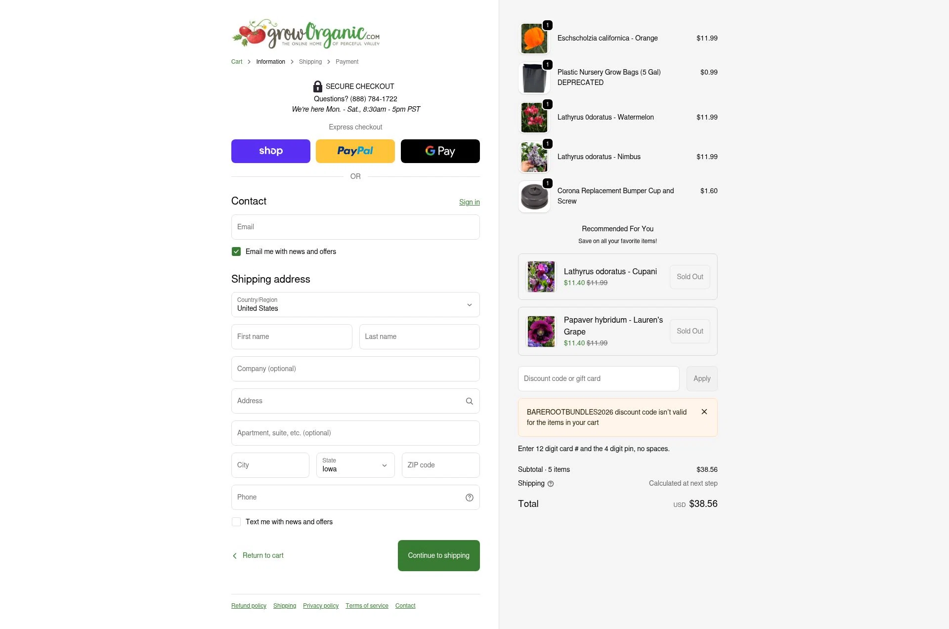 Grow Organic checkout page showing Grow Organic promo code box | Screenshot taken by SimplyCodes community member on Feb 4, 2026