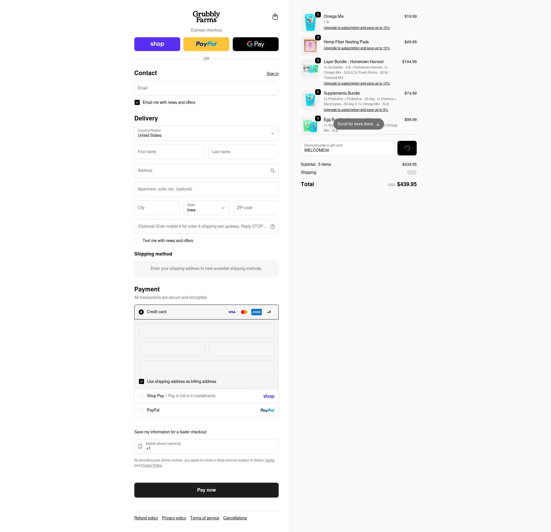 Grubbly Farms checkout page showing Grubbly Farms discount code box | Screenshot taken by SimplyCodes community member on Jan 31, 2026