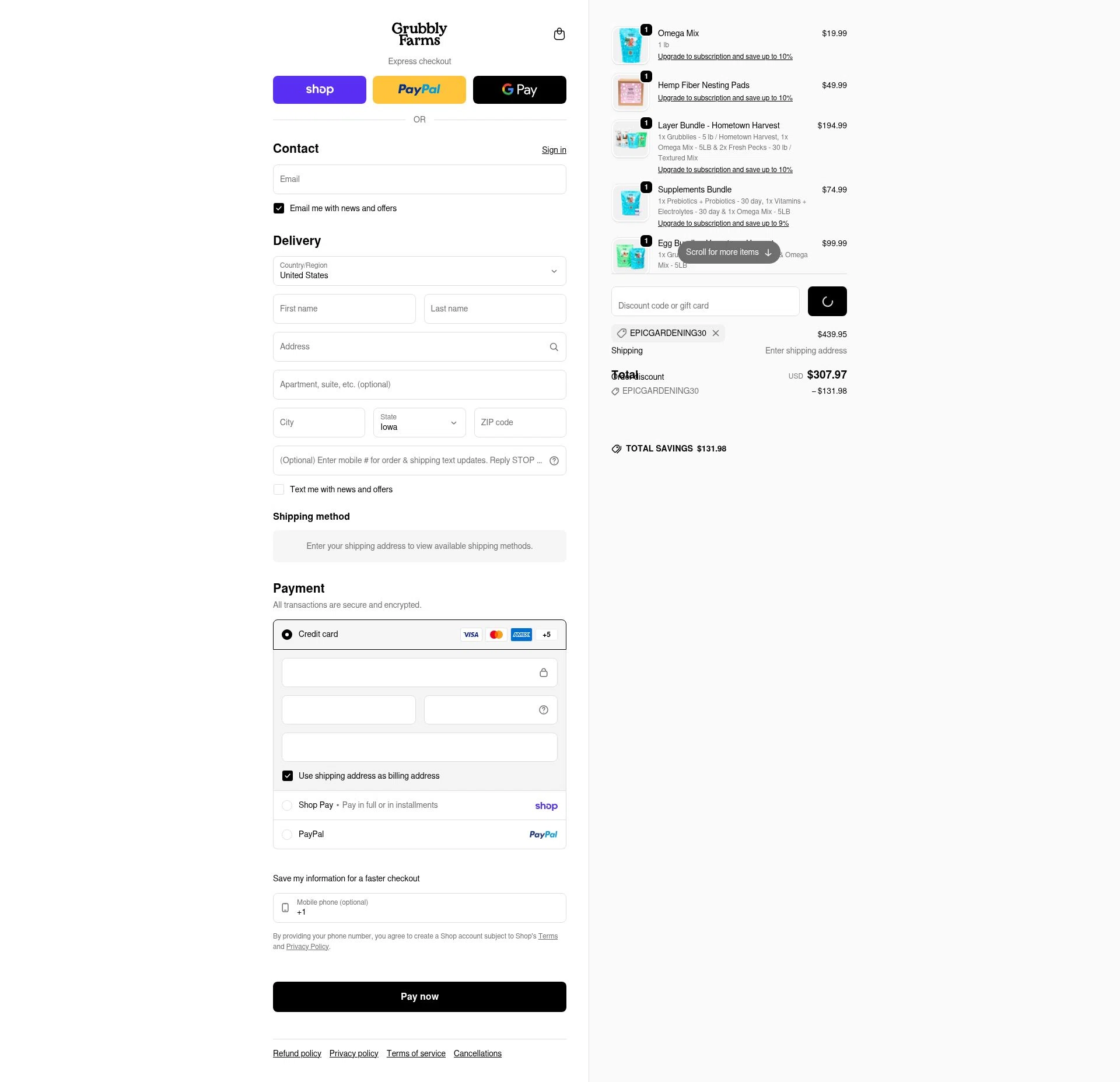 Grubbly Farms checkout page showing Grubbly Farms discount code box | Screenshot taken by SimplyCodes community member on Jan 31, 2026