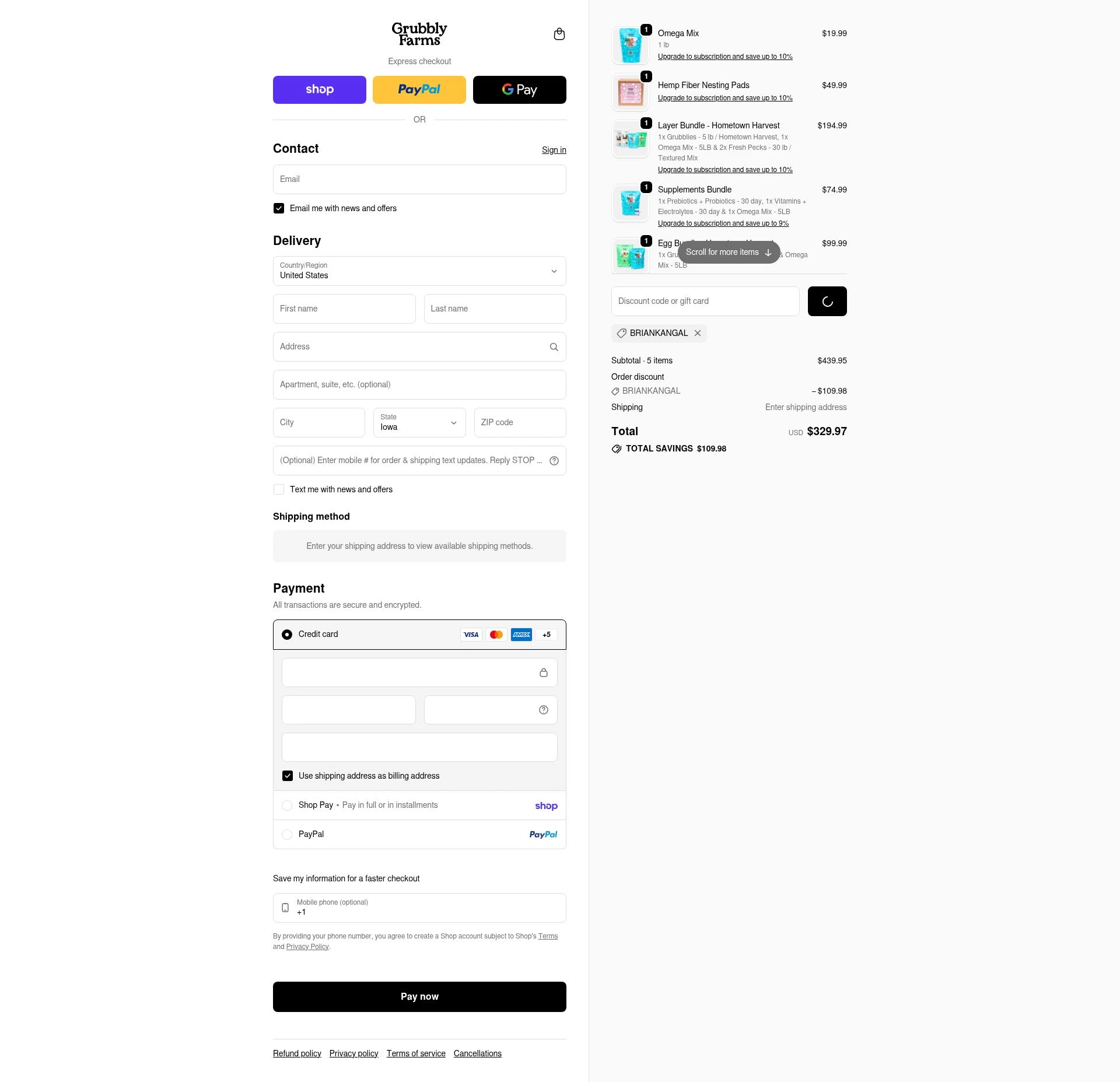 Grubbly Farms checkout page showing Grubbly Farms discount code box | Screenshot taken by SimplyCodes community member on Jan 31, 2026