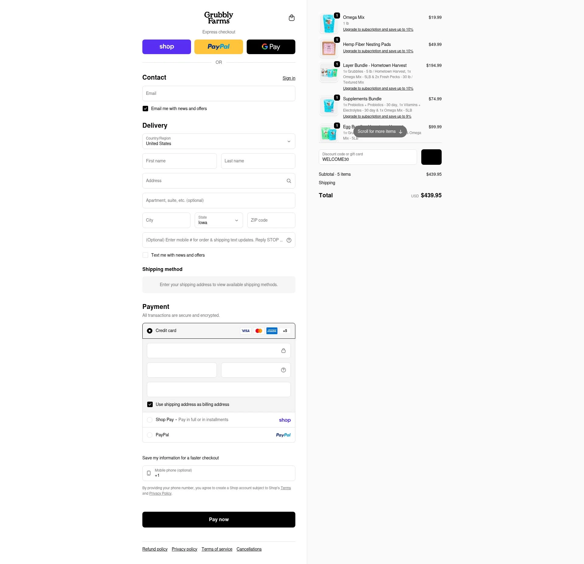 Grubbly Farms checkout page showing Grubbly Farms discount code box | Screenshot taken by SimplyCodes community member on Feb 5, 2026