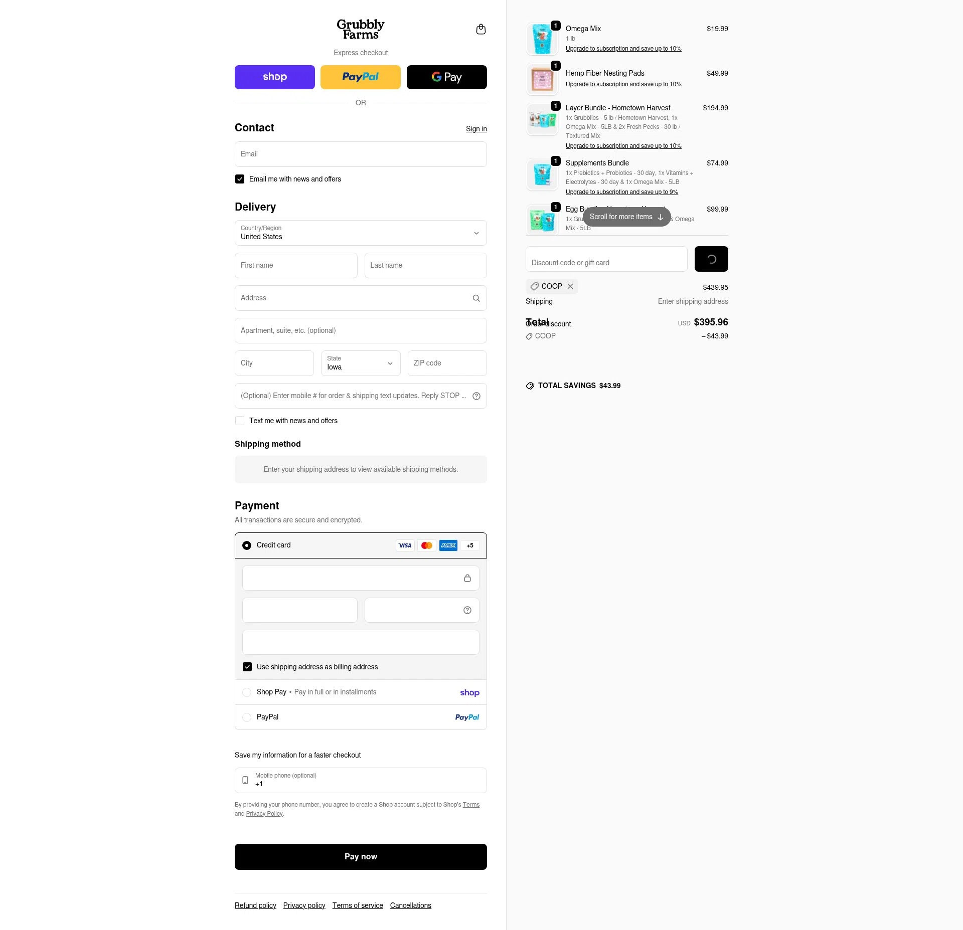Grubbly Farms checkout page showing Grubbly Farms discount code box | Screenshot taken by SimplyCodes community member on Feb 5, 2026