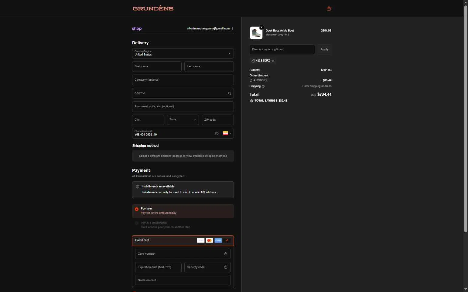 Grundéns checkout page showing Grundéns promo code box | Screenshot taken by SimplyCodes community member on Feb 20, 2026