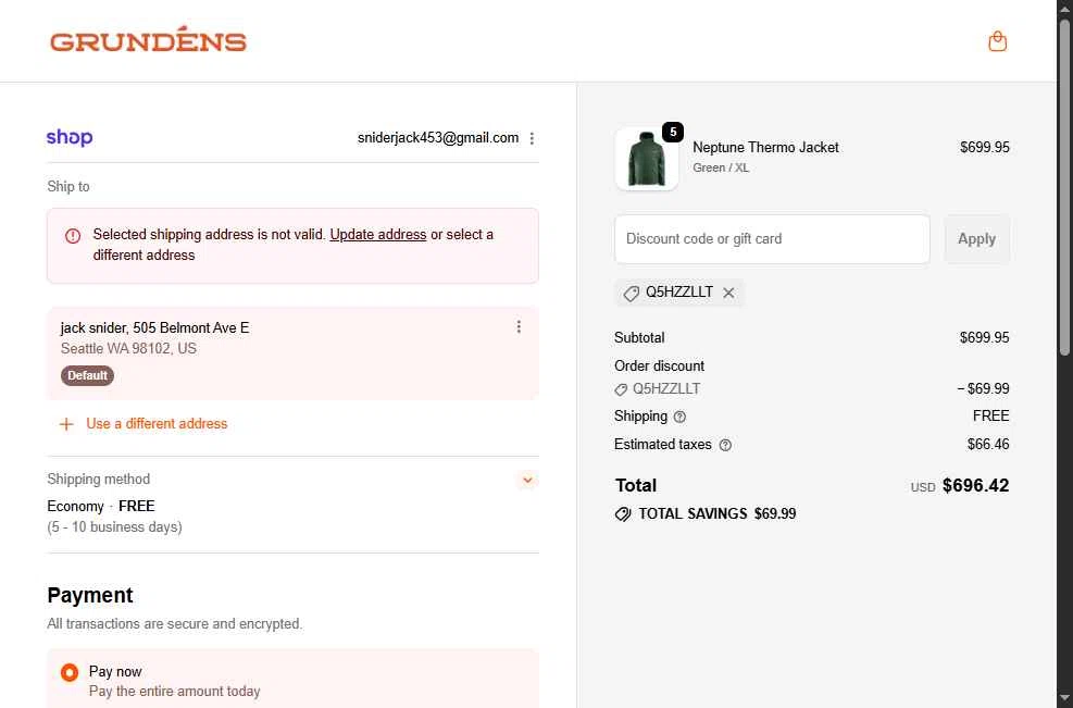 Grundéns checkout page showing Grundéns promo code box | Screenshot taken by SimplyCodes community member on Feb 20, 2026