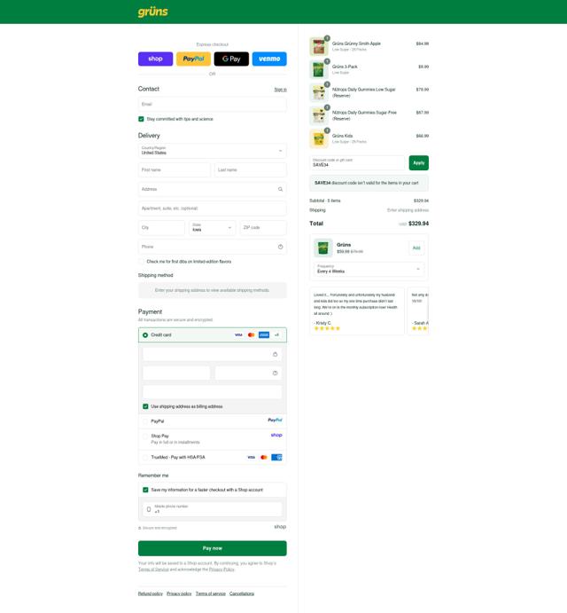 Grüns checkout page showing Grüns promo code box | Screenshot taken by SimplyCodes community member on Sep 11, 2025