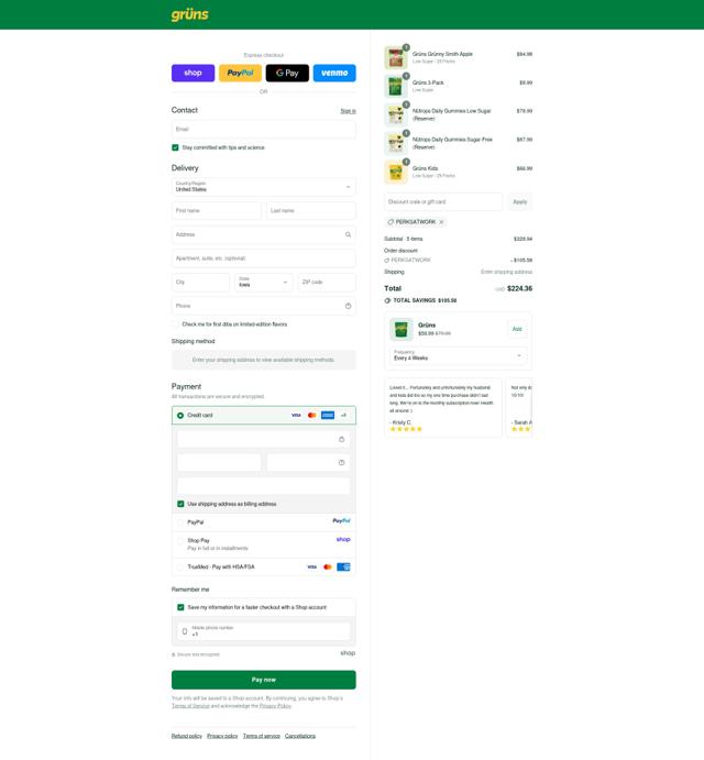 Grüns checkout page showing Grüns promo code box | Screenshot taken by SimplyCodes community member on Sep 11, 2025