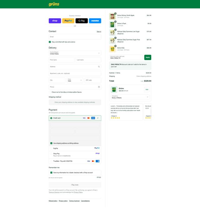 Grüns checkout page showing Grüns promo code box | Screenshot taken by SimplyCodes community member on Sep 11, 2025