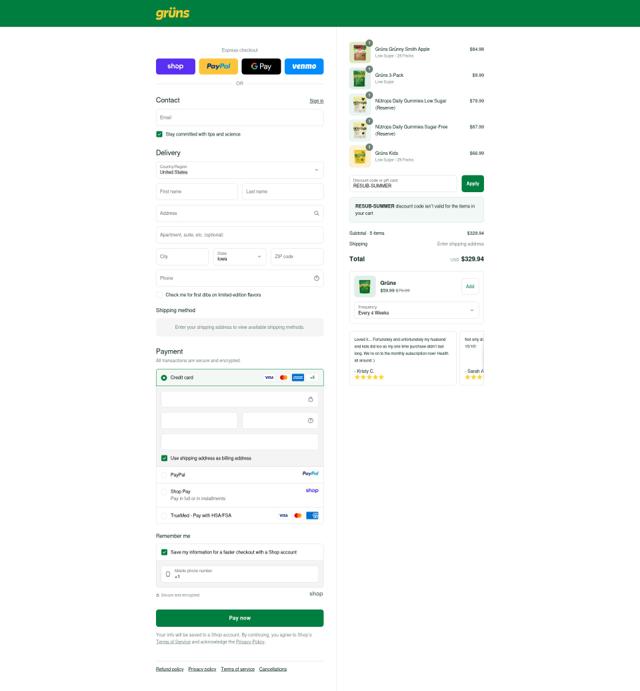 Grüns checkout page showing Grüns promo code box | Screenshot taken by SimplyCodes community member on Sep 11, 2025