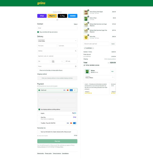 Grüns checkout page showing Grüns promo code box | Screenshot taken by SimplyCodes community member on Sep 11, 2025