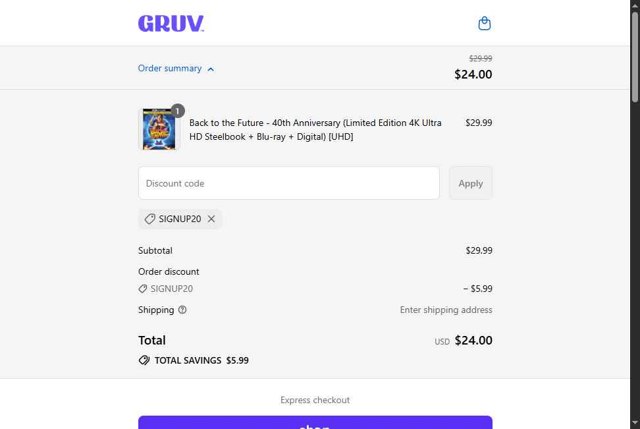 GRUV checkout page showing GRUV promo code box | Screenshot taken by SimplyCodes community member on Sep 7, 2025