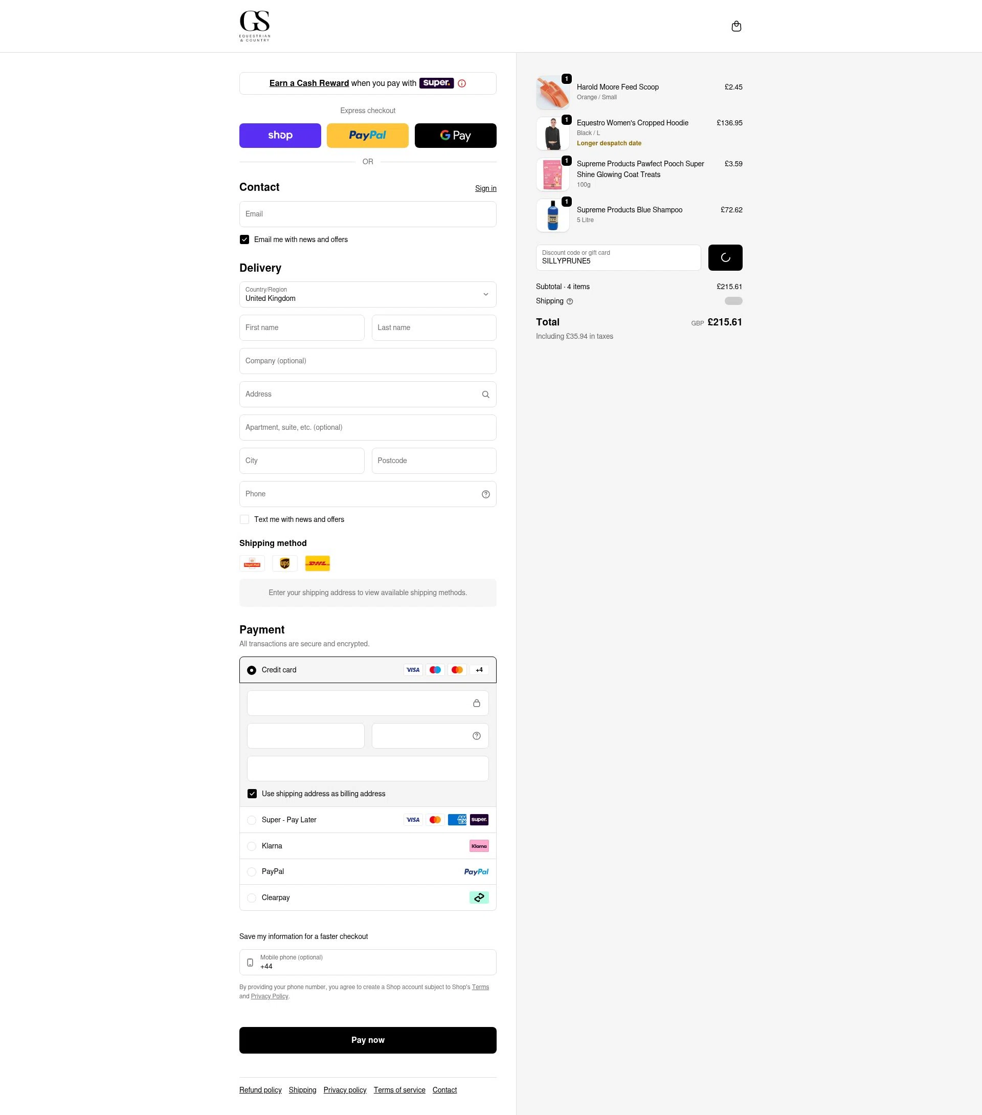 Gs Equestrian checkout page showing Gs Equestrian discount code box | Screenshot taken by SimplyCodes community member on Feb 12, 2026
