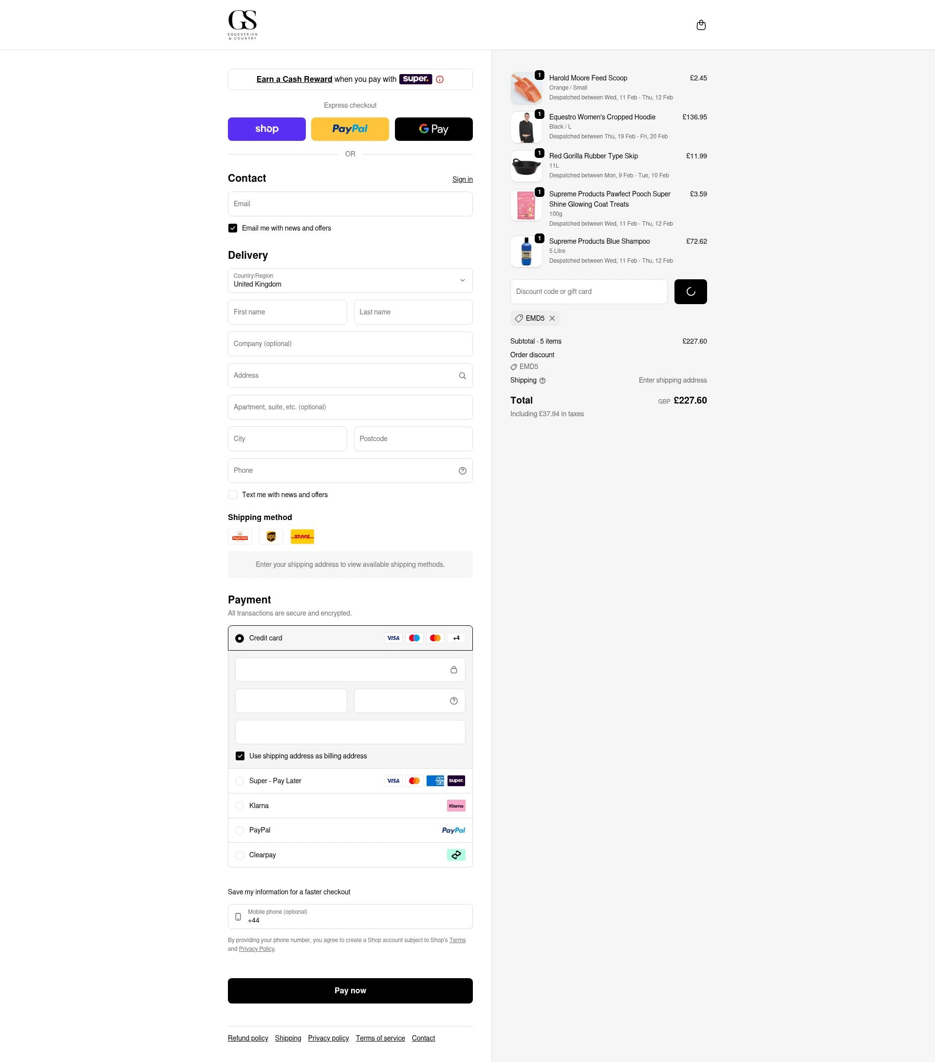 Gs Equestrian checkout page showing Gs Equestrian discount code box | Screenshot taken by SimplyCodes community member on Feb 7, 2026