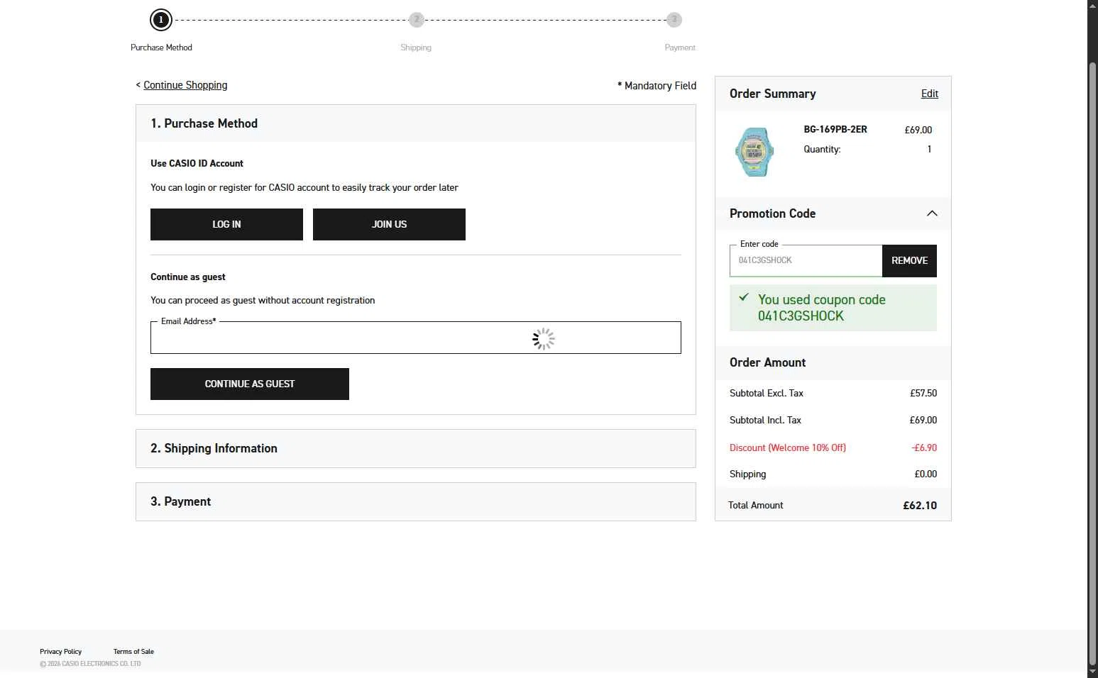 G-Shock checkout page showing G-Shock promo code box | Screenshot taken by SimplyCodes community member on Feb 8, 2026