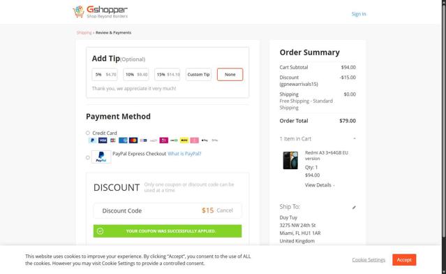 Gshopper checkout page showing Gshopper coupon code box | Screenshot taken by SimplyCodes community member on Sep 1, 2025
