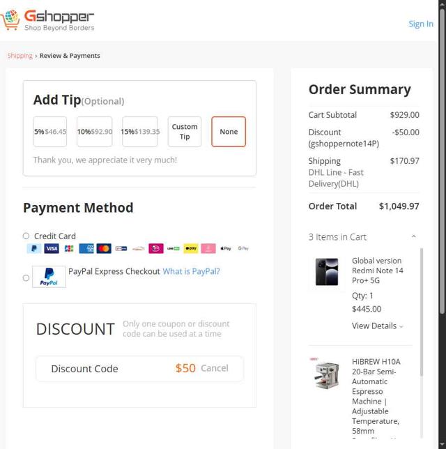 Gshopper checkout page showing Gshopper coupon code box | Screenshot taken by SimplyCodes community member on Sep 1, 2025