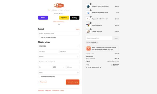GSI checkout page showing GSI promo code box | Screenshot taken by SimplyCodes community member on Sep 6, 2025