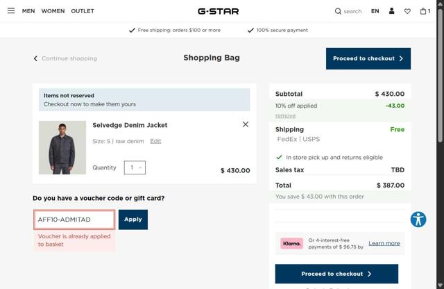 G-Star RAW checkout page showing G-Star RAW promo code box | Screenshot taken by SimplyCodes community member on Sep 2, 2025