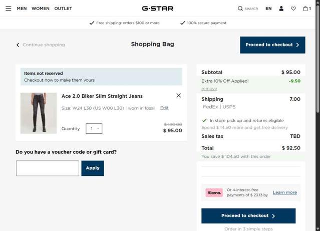 G-Star RAW checkout page showing G-Star RAW promo code box | Screenshot taken by SimplyCodes community member on Aug 24, 2025