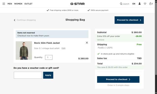 G-Star RAW checkout page showing G-Star RAW promo code box | Screenshot taken by SimplyCodes community member on Aug 22, 2025