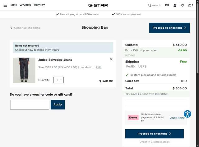 G-Star RAW checkout page showing G-Star RAW promo code box | Screenshot taken by SimplyCodes community member on Aug 30, 2025