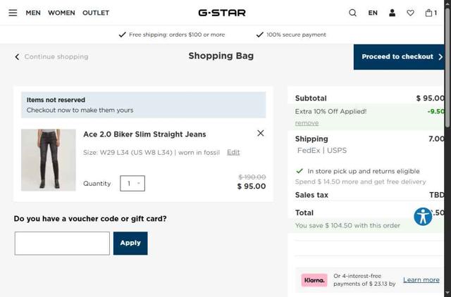 G-Star RAW checkout page showing G-Star RAW promo code box | Screenshot taken by SimplyCodes community member on Sep 4, 2025