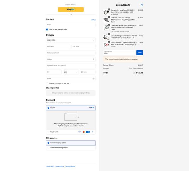 Gstp Autoparts checkout page showing Gstp Autoparts promo code box | Screenshot taken by SimplyCodes community member on Sep 16, 2025