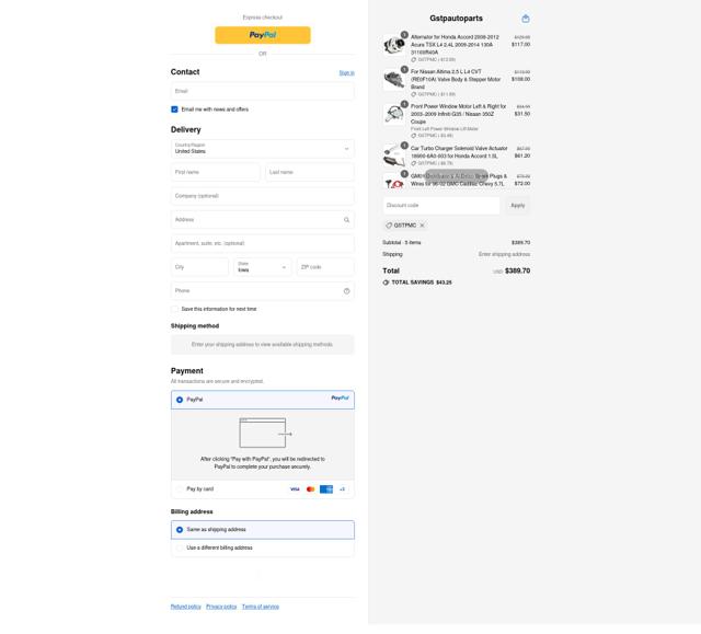 Gstp Autoparts checkout page showing Gstp Autoparts promo code box | Screenshot taken by SimplyCodes community member on Sep 16, 2025