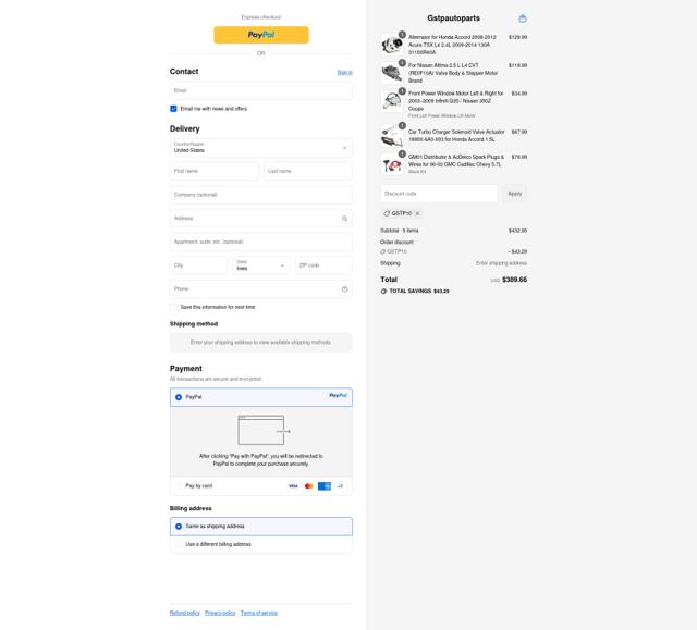 Gstp Autoparts checkout page showing Gstp Autoparts promo code box | Screenshot taken by SimplyCodes community member on Sep 16, 2025
