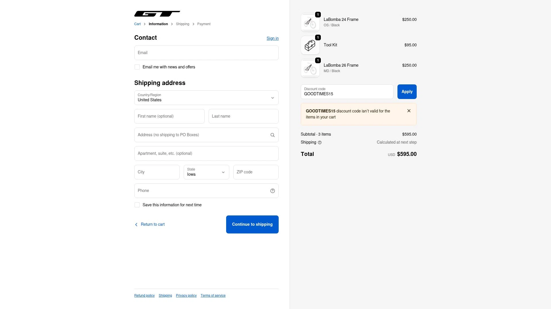 GT Bicycles checkout page showing GT Bicycles discount code box | Screenshot taken by SimplyCodes community member on Nov 3, 2025