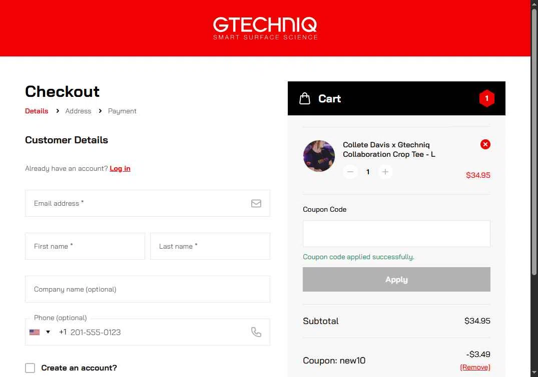 Gtechniq checkout page showing Gtechniq coupon code box | Screenshot taken by SimplyCodes community member on Feb 10, 2026