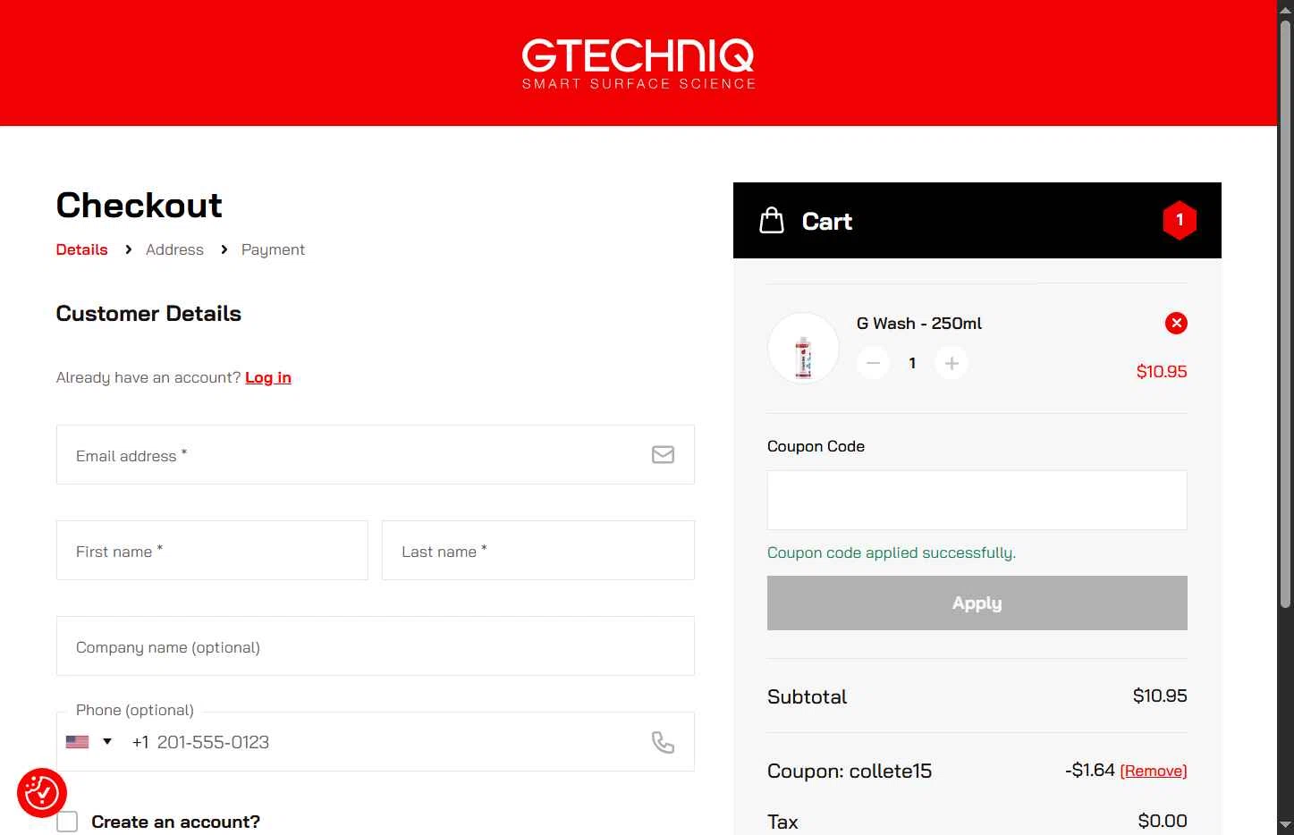Gtechniq checkout page showing Gtechniq coupon code box | Screenshot taken by SimplyCodes community member on Feb 20, 2026