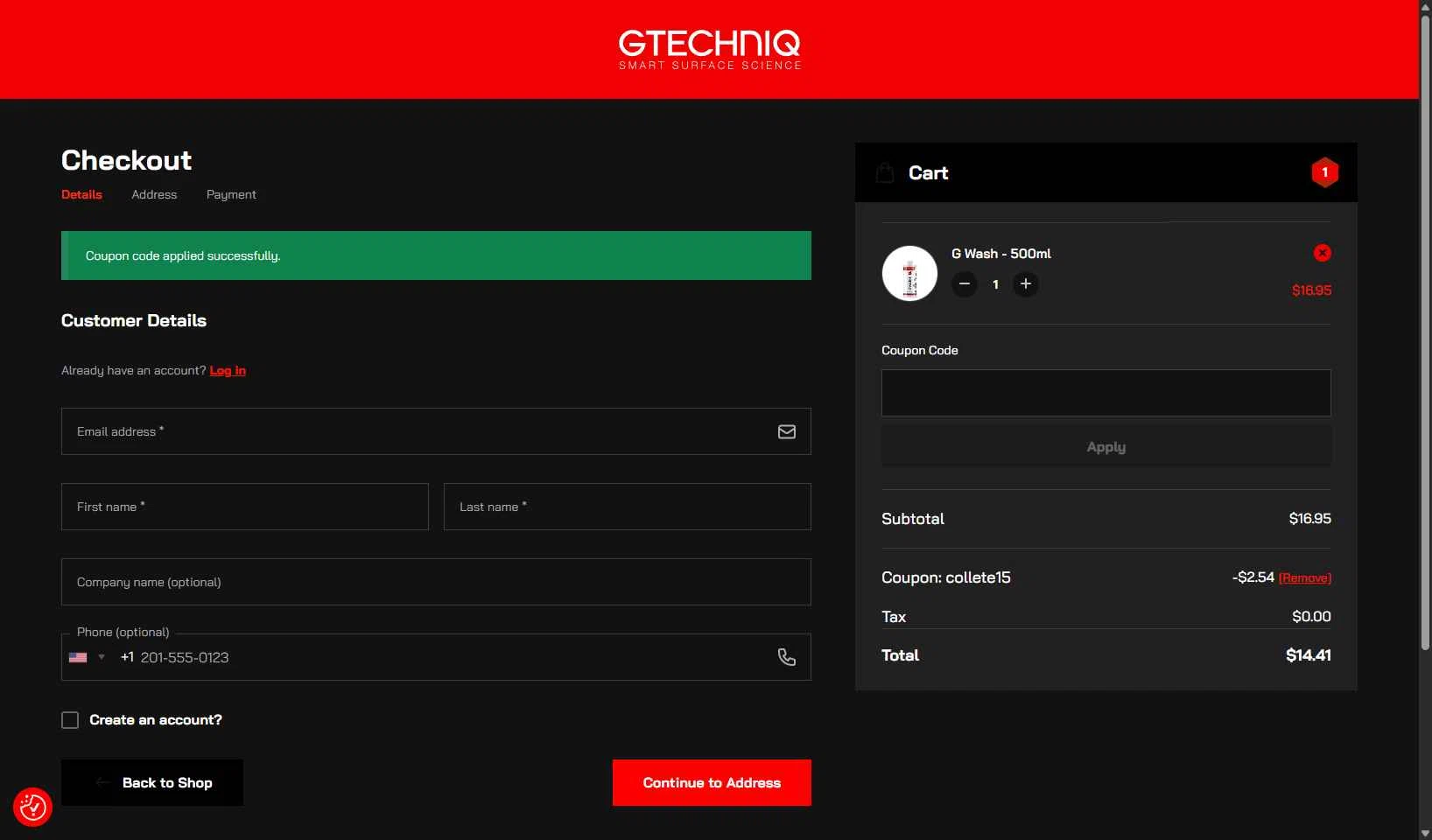 Gtechniq checkout page showing Gtechniq coupon code box | Screenshot taken by SimplyCodes community member on Oct 17, 2025