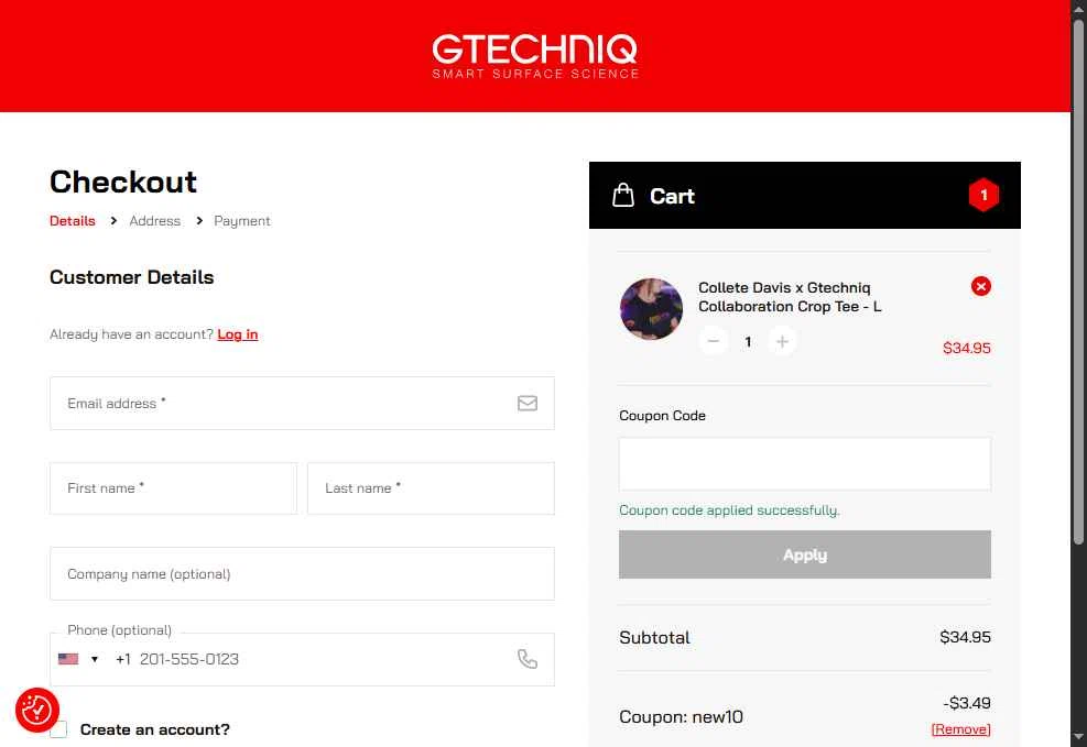 Gtechniq checkout page showing Gtechniq coupon code box | Screenshot taken by SimplyCodes community member on Jan 16, 2026