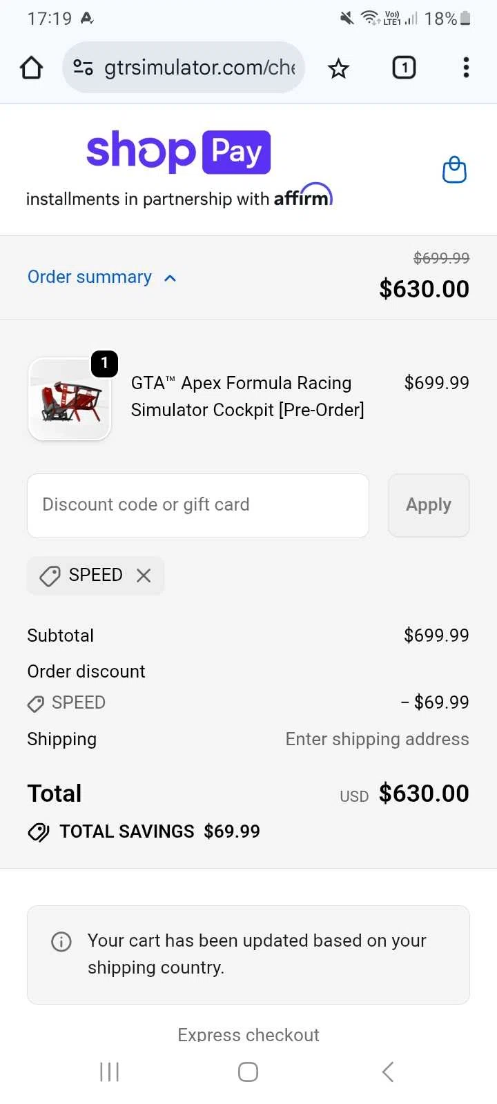 GTR Simulator coupon code screenshot showing code SPEED applied at GTR Simulator checkout page. Uploaded by SimplyCodes community member Celebrity on Oct 12, 2025