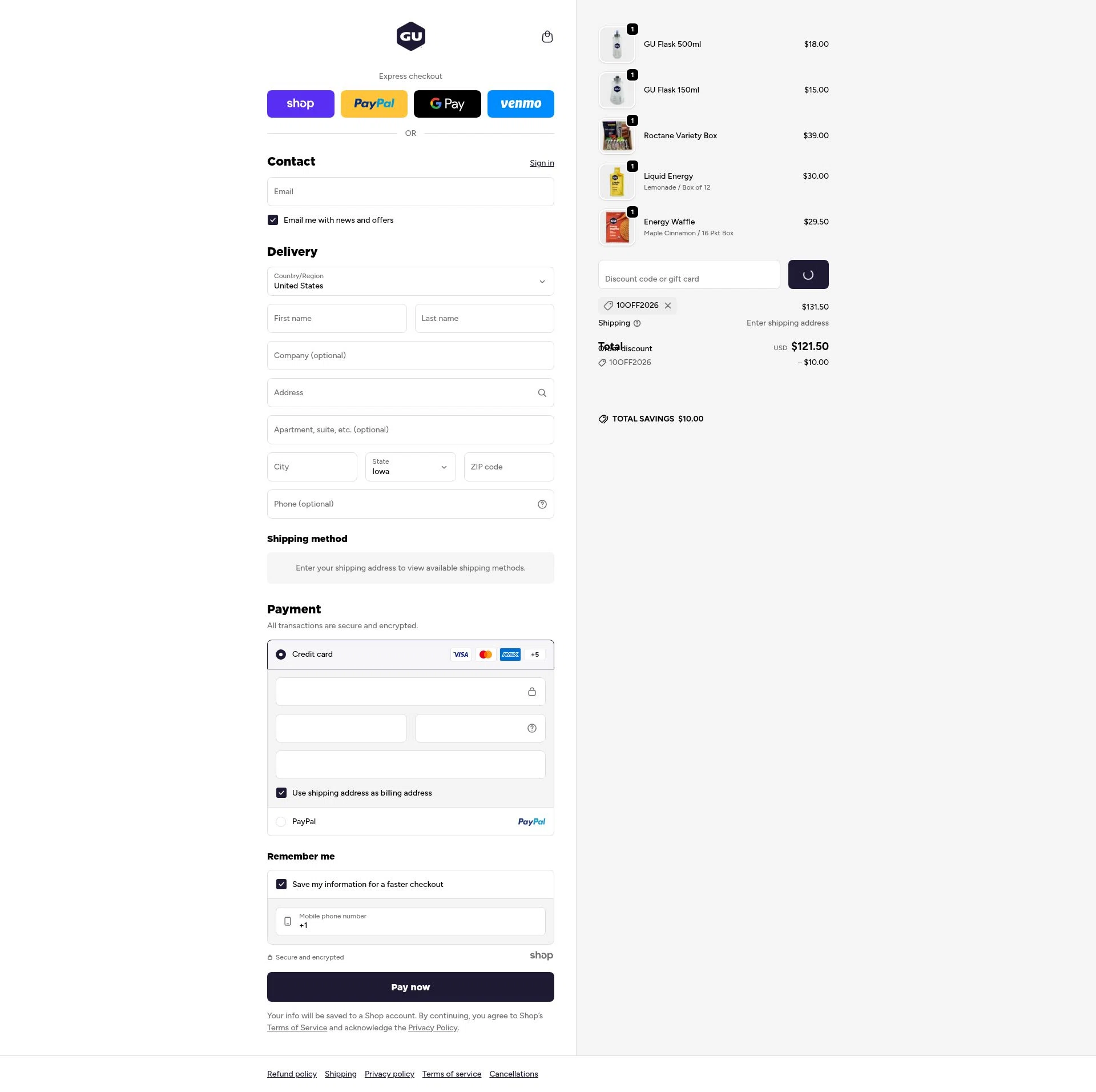 GU Energy checkout page showing GU Energy discount code box | Screenshot taken by SimplyCodes community member on Jan 20, 2026