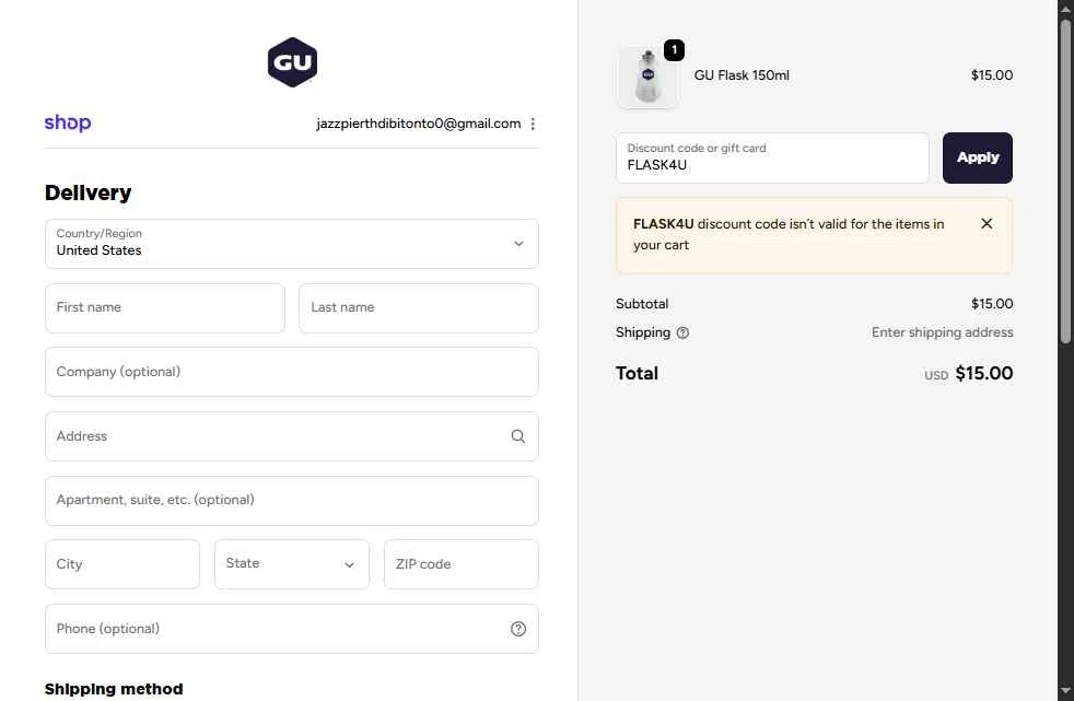 GU Energy checkout page showing GU Energy discount code box | Screenshot taken by SimplyCodes community member on Oct 15, 2025
