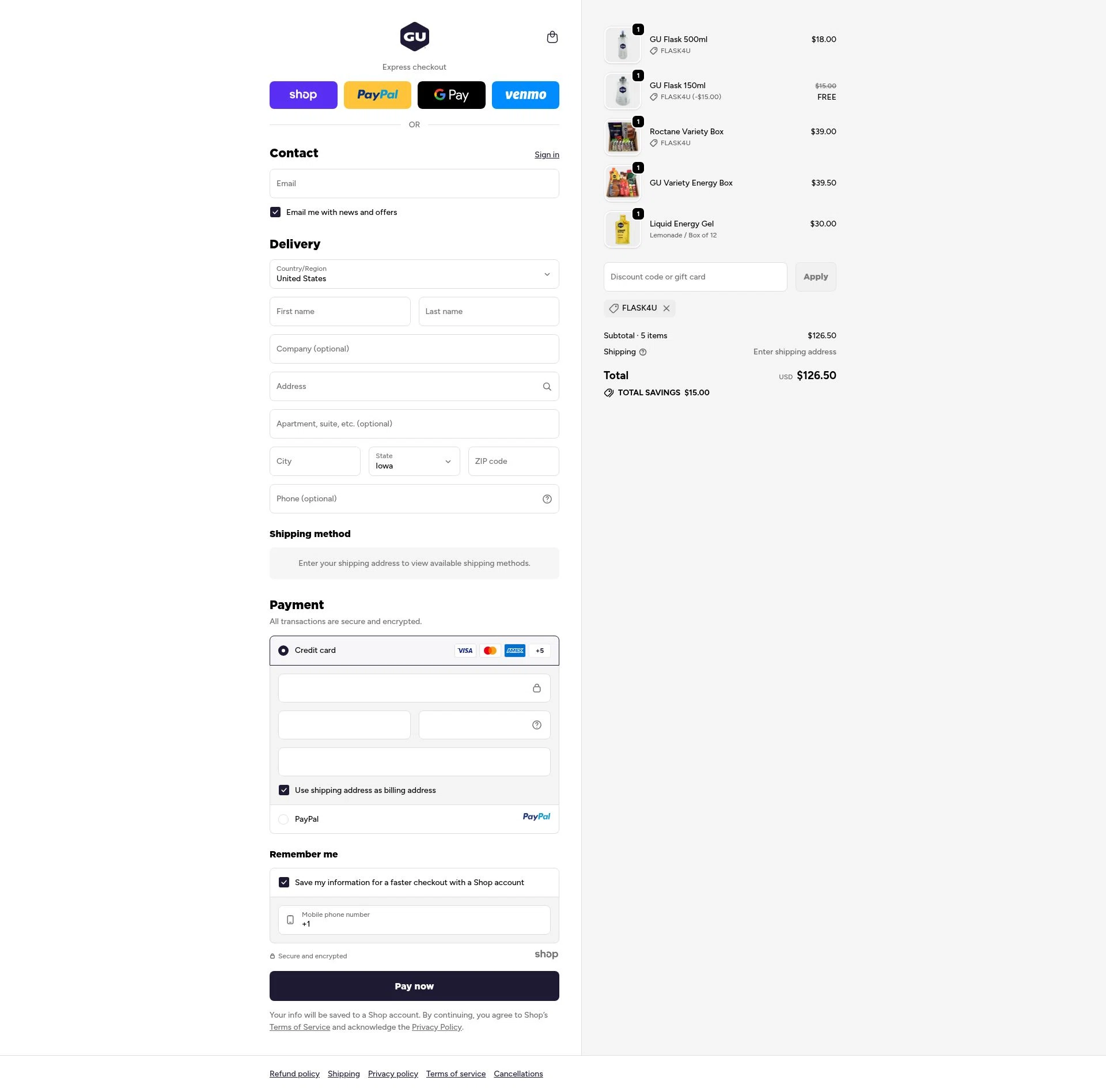 GU Energy checkout page showing GU Energy discount code box | Screenshot taken by SimplyCodes community member on Oct 17, 2025