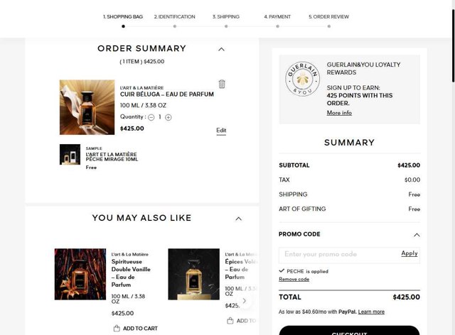Guerlain checkout page showing Guerlain promo code box | Screenshot taken by SimplyCodes community member on Jul 31, 2025