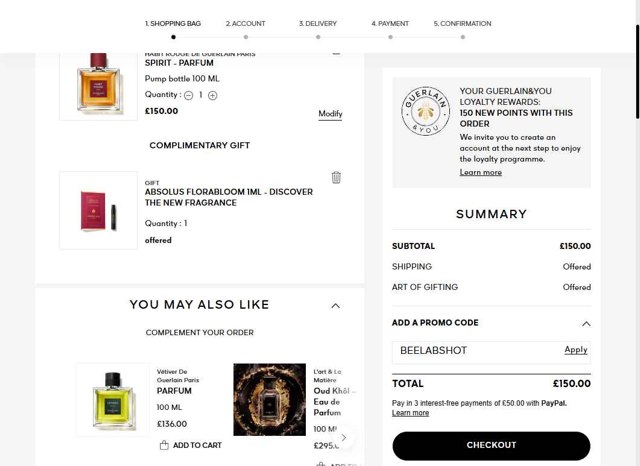 Guerlain checkout page showing Guerlain promo code box | Screenshot taken by SimplyCodes community member on Aug 24, 2025