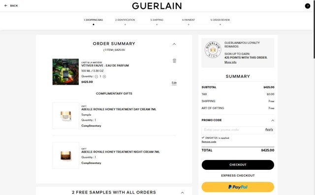 Guerlain checkout page showing Guerlain promo code box | Screenshot taken by SimplyCodes community member on Aug 26, 2025
