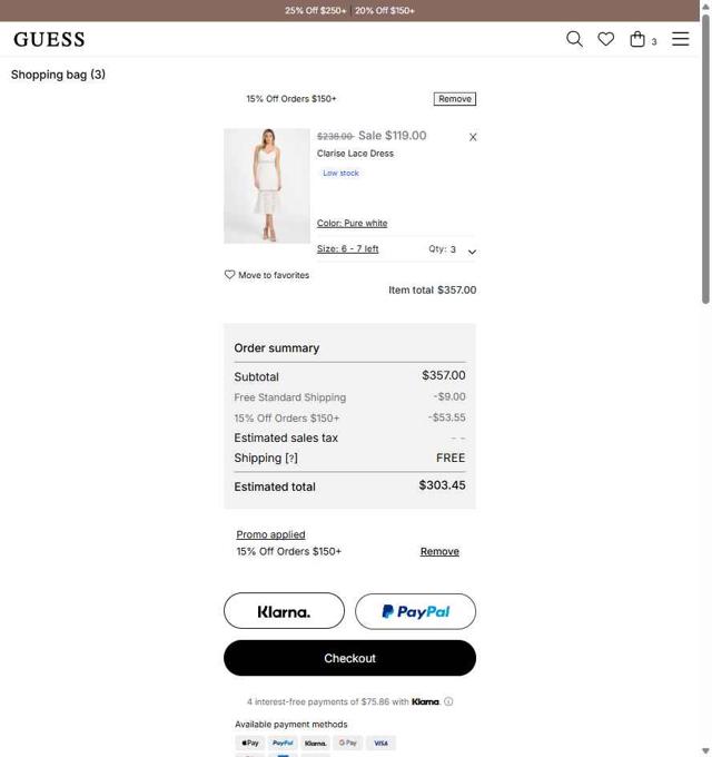 Guess checkout page showing Guess promo code box | Screenshot taken by SimplyCodes community member on Sep 8, 2025