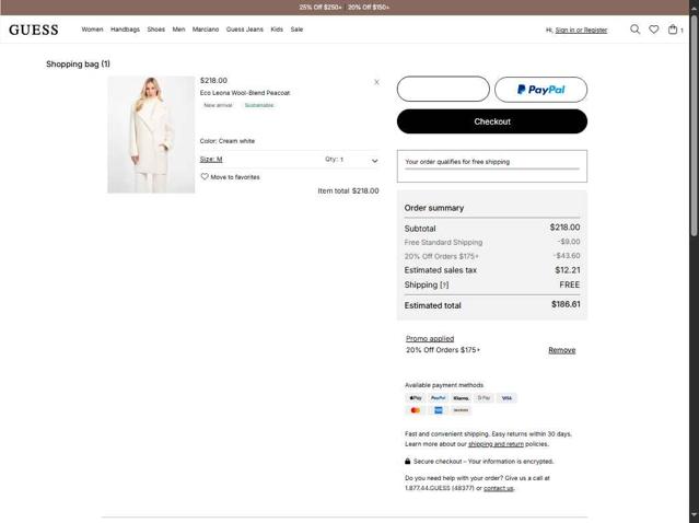 Guess checkout page showing Guess promo code box | Screenshot taken by SimplyCodes community member on Sep 12, 2025