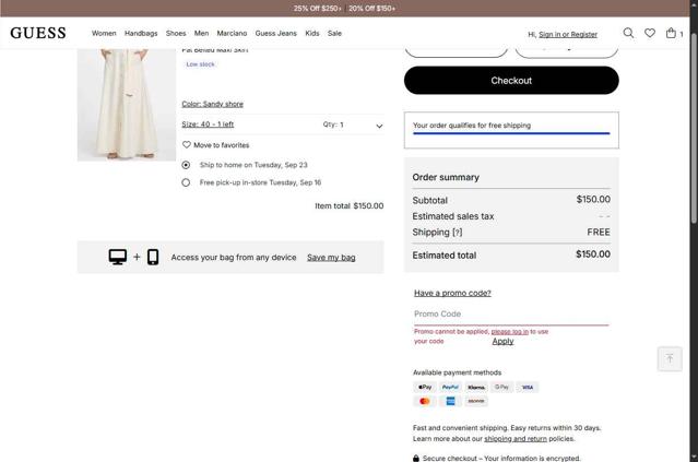 Guess checkout page showing Guess promo code box | Screenshot taken by SimplyCodes community member on Sep 12, 2025