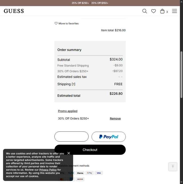 Guess checkout page showing Guess promo code box | Screenshot taken by SimplyCodes community member on Sep 3, 2025