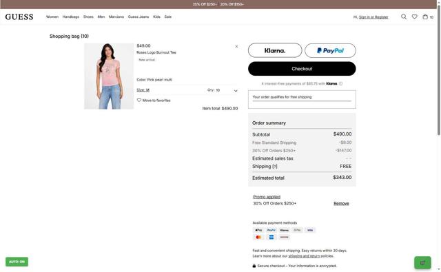 Guess checkout page showing Guess promo code box | Screenshot taken by SimplyCodes community member on Sep 3, 2025