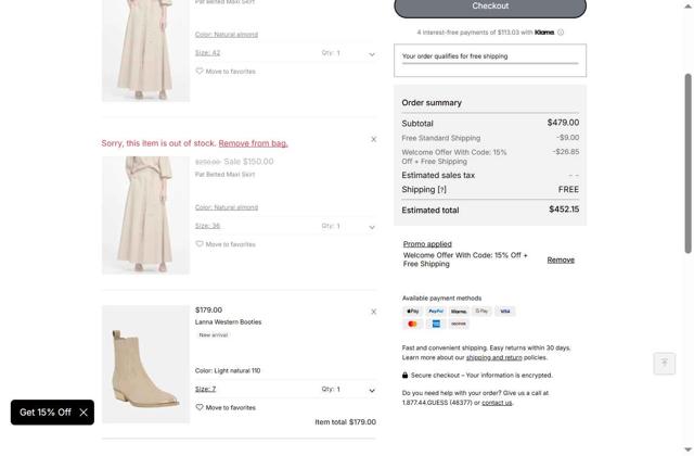 Guess checkout page showing Guess promo code box | Screenshot taken by SimplyCodes community member on Sep 1, 2025